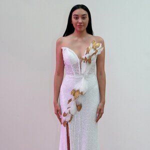New Strapless Sequins Embellished Gala Dress w/ Feathers & Sexy Leg Slit JT2719C